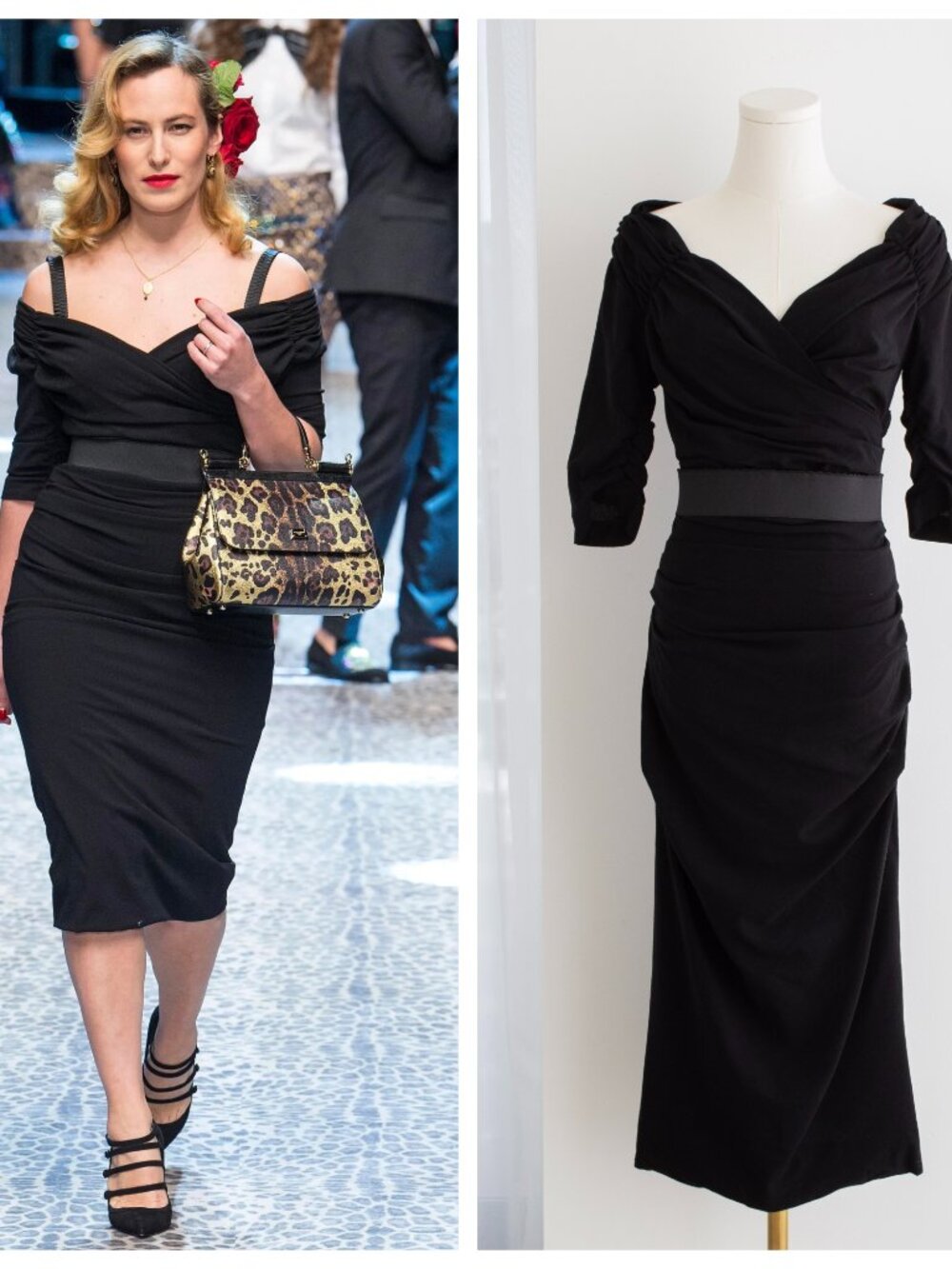 Dolce & Gabbana F/W 2017 Black Wool Ruched Midi Belted Dress